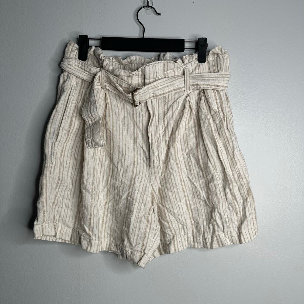 Banana Republic Linen Blend‎ Shorts Womens 8 Tan Striped Paperbag Waist Belted